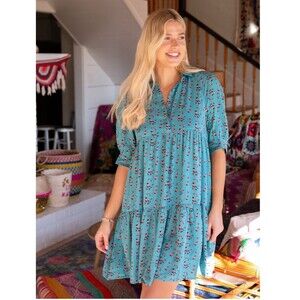 Natural Life Blue Tiered Pockets Boho Short Sleeve Mini Dress Sz L/XL Cottage